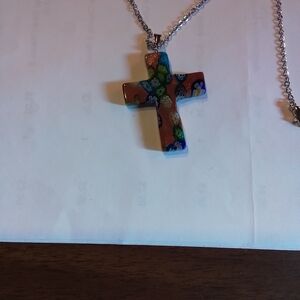 Millefiori Glass Cross Pendant Necklace